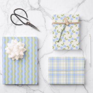 Feuille De Papier Cadeau Cottage Rose, tarte et rayures Ensemble en bleu ci
