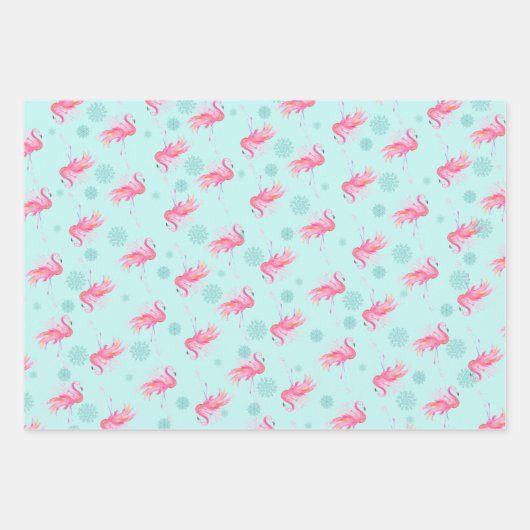 Feuille De Papier Cadeau Couleur d'aquarelle rose Flamingo de Noël (Devant)