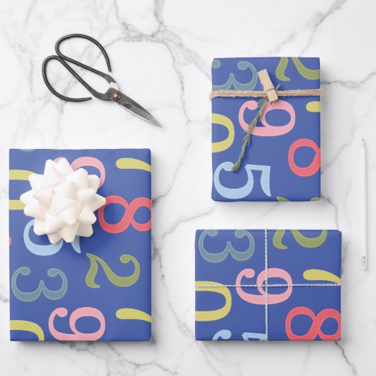 Feuille De Papier Cadeau Couleur mignonne Numéros simples Motif Bleu (Recto)