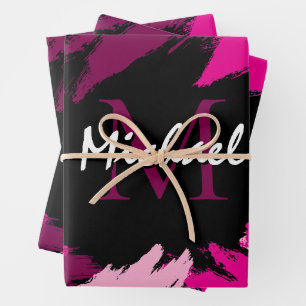 Feuille De Papier Cadeau Coups de pinceau nuances de rose chaud nom avec mo