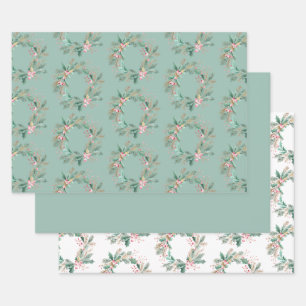 Feuille De Papier Cadeau Couronne de Noël rose vert