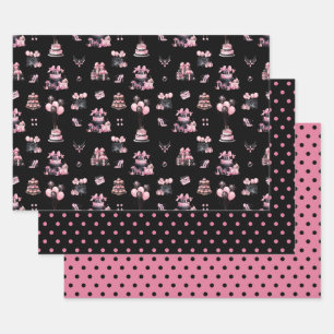 Feuille De Papier Cadeau Couture rose et noir Mode Motif d'anniversaire