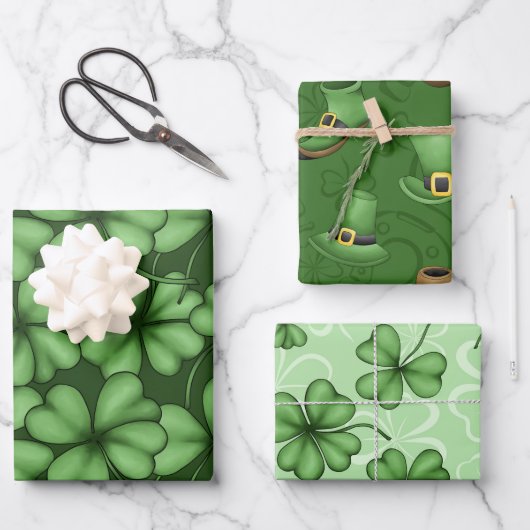 FEUILLE DE PAPIER CADEAU COUVERTS SHAMROCK IRLANDAIS TOP HATS (Recto)