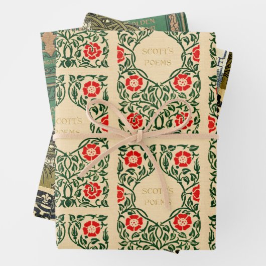 Feuille De Papier Cadeau Couvertures de livres anciens (beige et vert) (En situation)