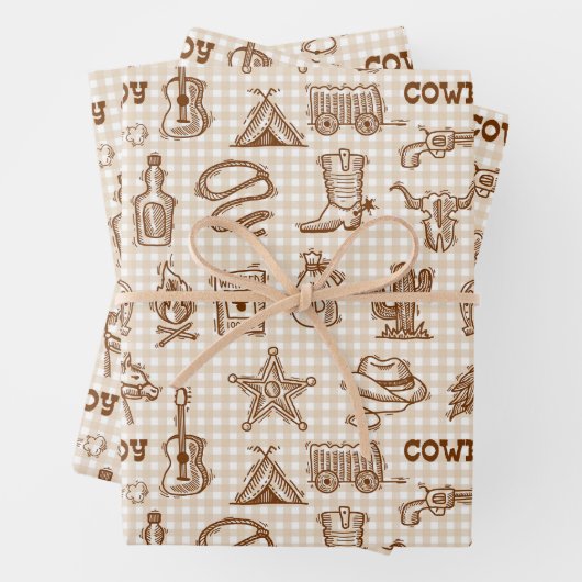 Feuille De Papier Cadeau Cowboy Western Anniversaire En vichy (En situation)