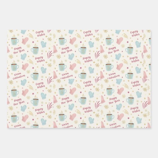 Feuille De Papier Cadeau Cozy Winter Mug Mitten Pattern "Happy New Year" (Devant)