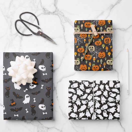 Feuille De Papier Cadeau Crâne Citrouille éffrayant Ghosts Halloween Motifs (Recto)