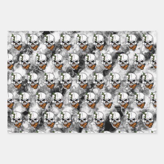 Feuille De Papier Cadeau Crâne d'Art numérique et papillon monarque (Devant 3)