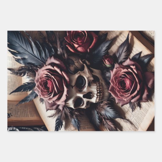 Feuille De Papier Cadeau Crâne et Rose (Devant)