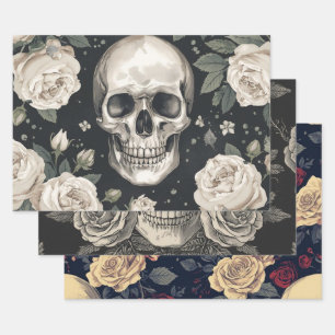 Feuille De Papier Cadeau Crâne et Rose BlancheFleur Gothique Élégante