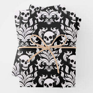 Feuille De Papier Cadeau Crâne flamme Damas en blanc foncé sur noir