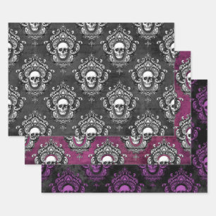 Feuille De Papier Cadeau Crâne gothique gris et mauve