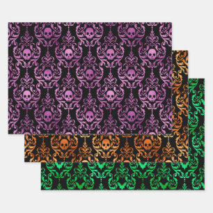 Feuille De Papier Cadeau Crâne Halloween Damassé en Violet, Orange, Vert