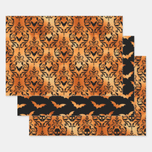 Feuille De Papier Cadeau Crâne orange et chauve-souris Halloween Damassé