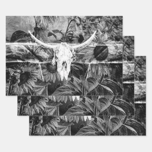 Feuille De Papier Cadeau Crâne Rustique Floral Noir Et Blanc