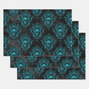 Feuille De Papier Cadeau Crâne Turquoise et gothique gris foncé