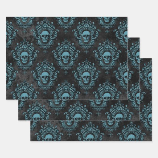 Feuille De Papier Cadeau Crâne Turquoise et gothique gris foncé (Lot)