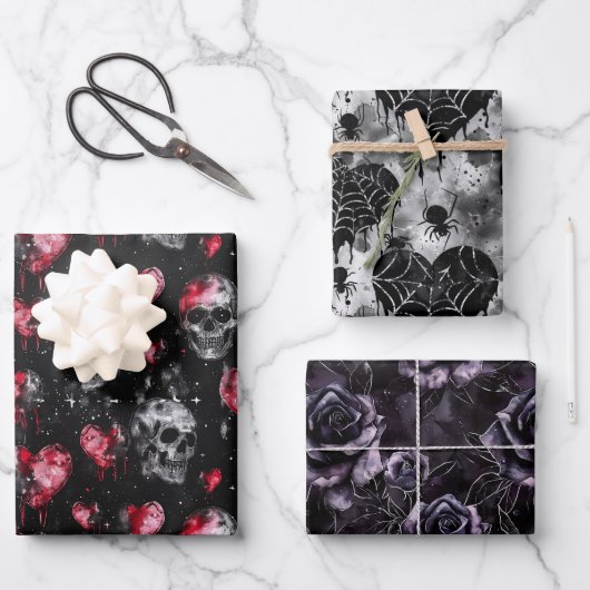 Feuille De Papier Cadeau Crânes d'amour gothique et Coeurs rouges (Recto)