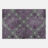 Feuille De Papier Cadeau Crânes et Damas pourpres sur gris (Devant 3)