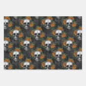 Feuille De Papier Cadeau Crânes et fleurs orange sur Charcol (Devant 3)