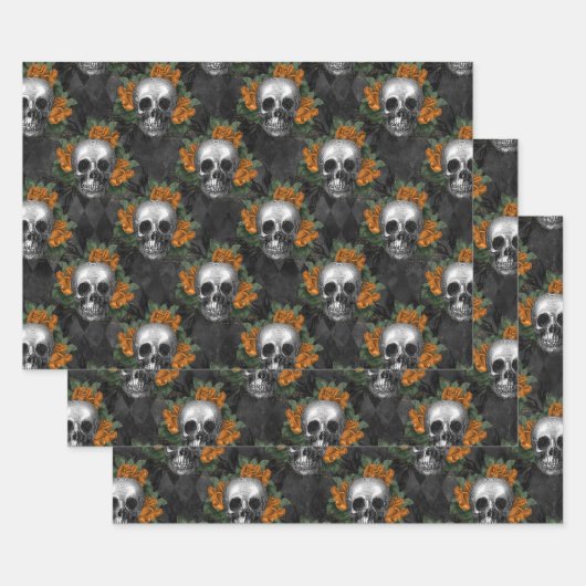 Feuille De Papier Cadeau Crânes et fleurs orange sur Charcol (Lot)