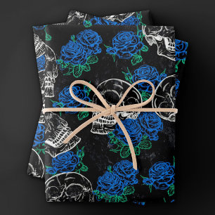 Feuille De Papier Cadeau Crânes et Roses bleus   Cool Funky Dark Grunge