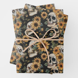 Feuille De Papier Cadeau Crânes et tournesols d'été Éffrayants