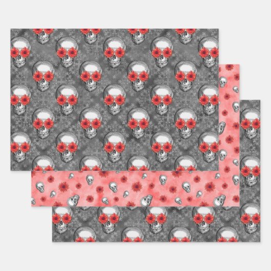 Feuille De Papier Cadeau Crânes rouges et série tournesol Design 3 (Lot)