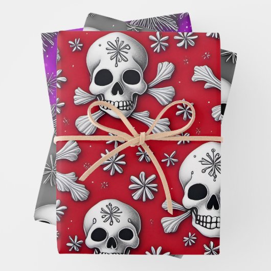 Feuille De Papier Cadeau Crânes Whimsical et flocons de neige Noël gothique (En situation)