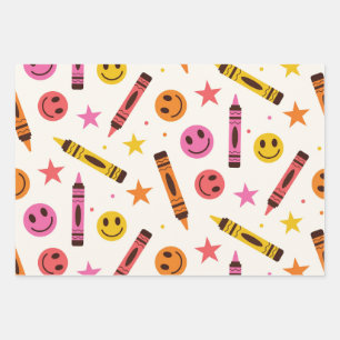 Feuille De Papier Cadeau Crayons de couleur de l'école avec motif de visage