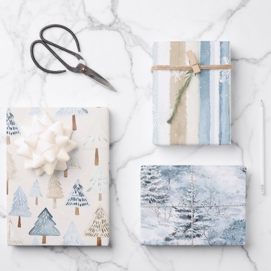 Feuille De Papier Cadeau Cream Beige Blue Christmas Trees Winter Snow (Recto)