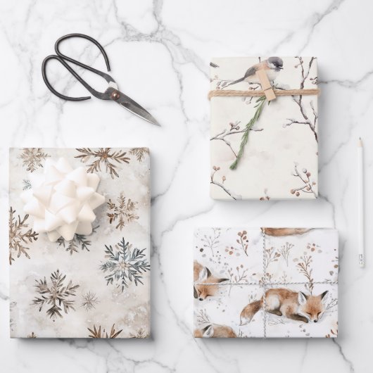 Feuille De Papier Cadeau Cream Blue Brown Snowflakes Birds Fox Christmas (Recto)