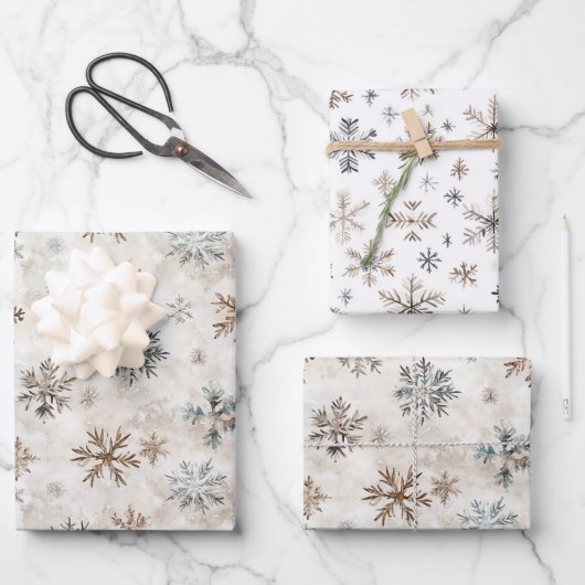 Feuille De Papier Cadeau Cream Bronze Blue Snowflakes Christmas (Recto)