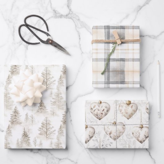 Feuille De Papier Cadeau Cream Christmas Trees Hearts Plaid Stripes (Recto)