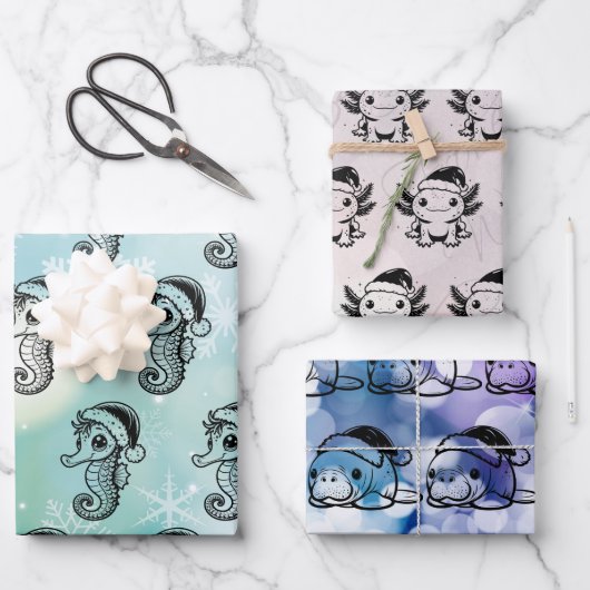 Feuille De Papier Cadeau Créatures de la mer de Noël (Recto)
