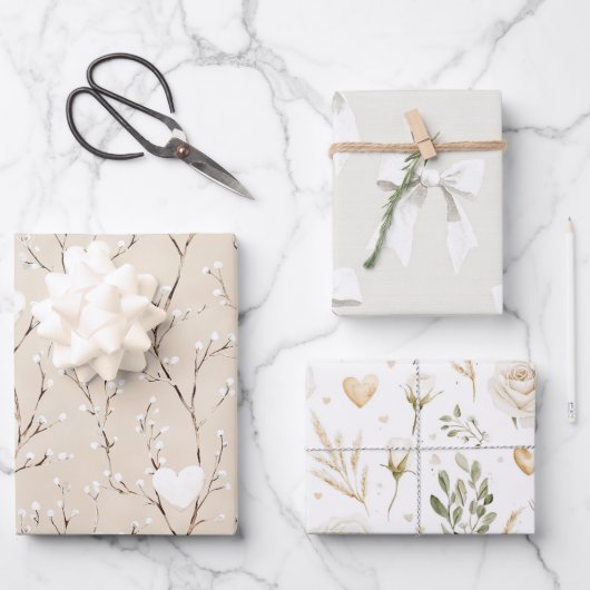 Feuille De Papier Cadeau Crème Blanc Bows Coeurs Boho Floral Anniversaire (Recto)