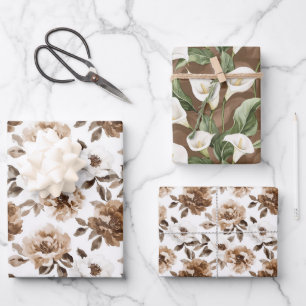 Feuille De Papier Cadeau Crème Brown Fleurs blanches Anniversaire