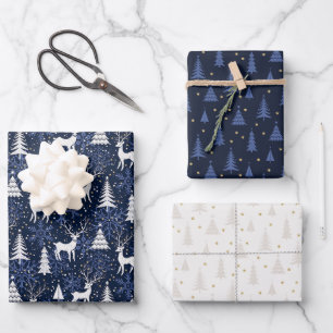 Feuille De Papier Cadeau Cristal nordique Cobalt Cerf de Noël bleu