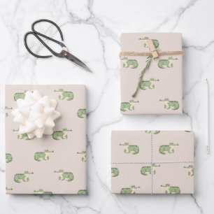 Feuille De Papier Cadeau Crocodiles à l'aquarelle sur fond beige