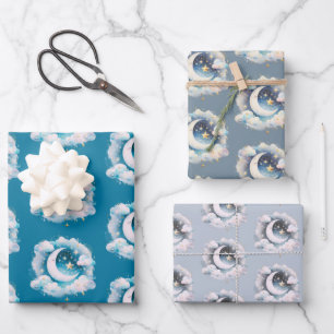 Feuille De Papier Cadeau Croissant de Lune Céleste Bleu et Blanc Bohème Mod