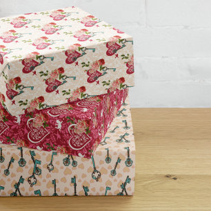 Feuille De Papier Cadeau Cupidon Vintage, Roses & Clés Squelettes Victorien