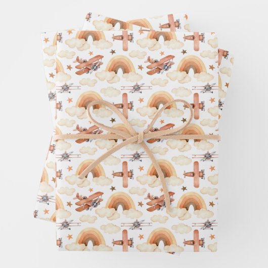 Feuille De Papier Cadeau Cute aquarelle Rainbow Motif d'avion (En situation)