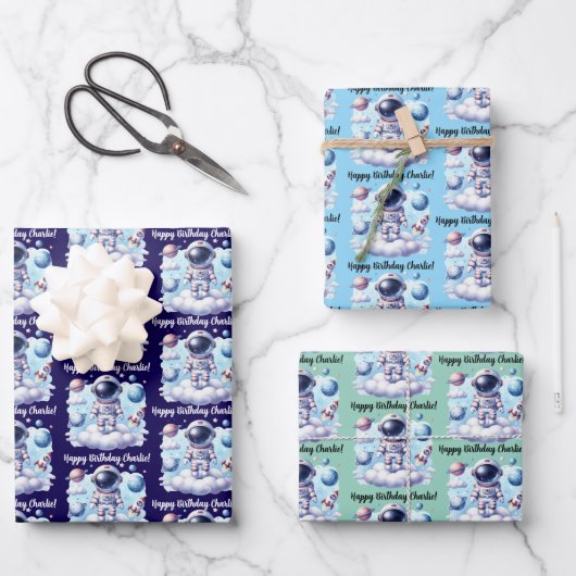 Feuille De Papier Cadeau Cute astronaut Wrapping Paper Flat Sheet Set of 3 (Recto)