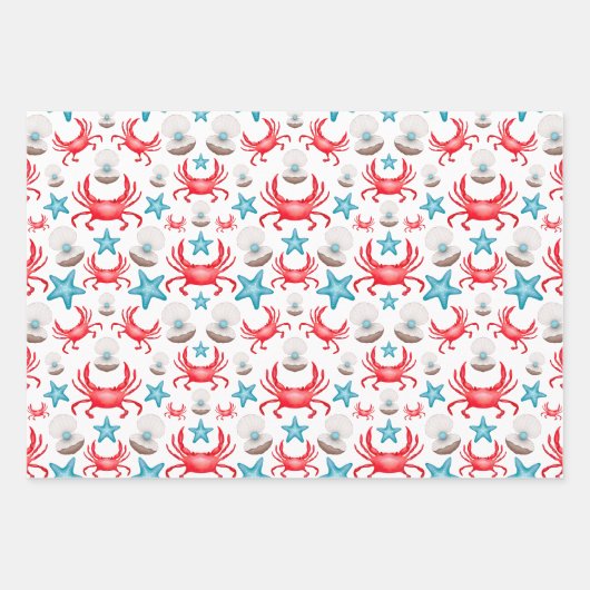 Feuille De Papier Cadeau Cute Blue Coastal Seaside Crab & Shell Motif (Devant)