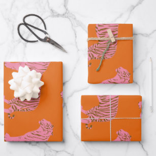 Feuille De Papier Cadeau Cute Boho Orange et Pink Tiger Art Motif