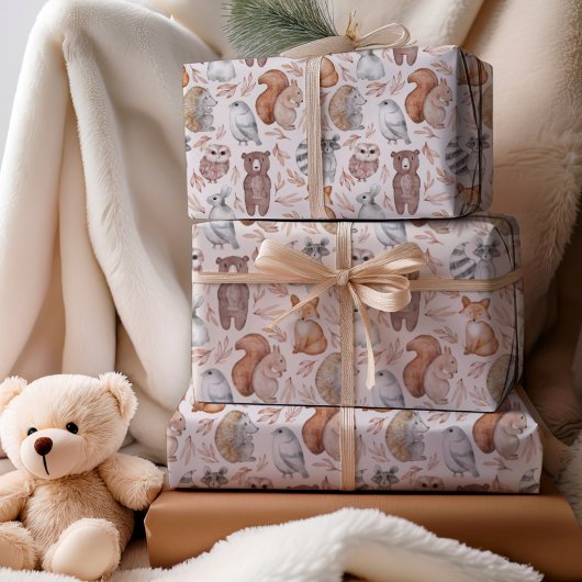 Feuille De Papier Cadeau Cute Bois animaux Aquarelle Anniversaire