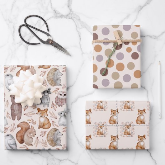 Feuille De Papier Cadeau Cute Bois animaux Aquarelle Anniversaire (Recto)