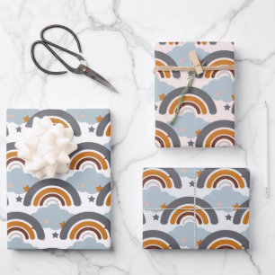 Feuille De Papier Cadeau Cute Bold Boho Kid's Pastel Rainbow, Clouds & Star