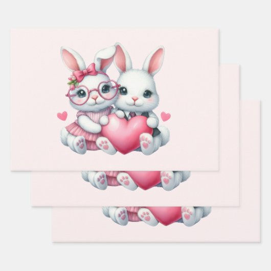 Feuille De Papier Cadeau Cute Bunnies Sharing a Heart (Lot)