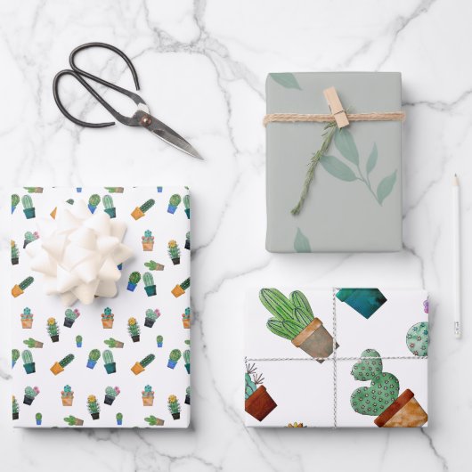 Feuille De Papier Cadeau Cute Cactus Motif de fleurs vertes (Recto)